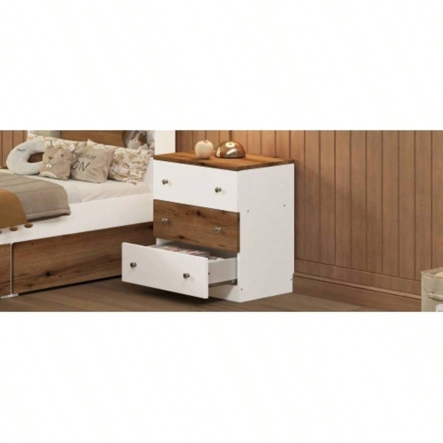 3 - Drawer Wooden Nightstand with Colorblock Design and Metal Handle, Wood Side Table with Storage Cabinet Bedroom, White+Brown