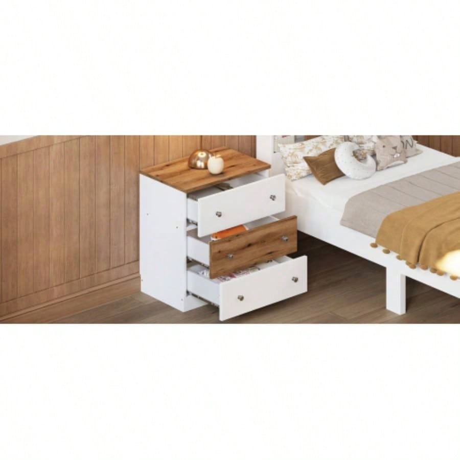 3 - Drawer Wooden Nightstand with Colorblock Design and Metal Handle, Wood Side Table with Storage Cabinet Bedroom, White+Brown