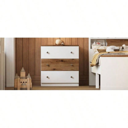 3 - Drawer Wooden Nightstand with Colorblock Design and Metal Handle, Wood Side Table with Storage Cabinet Bedroom, White+Brown