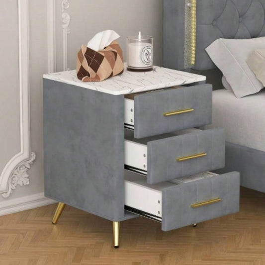 Upholstered Wooden Nightstand with 3 Drawers and Metal Handles, Bedside Table with Marbling Stickers Worktop -