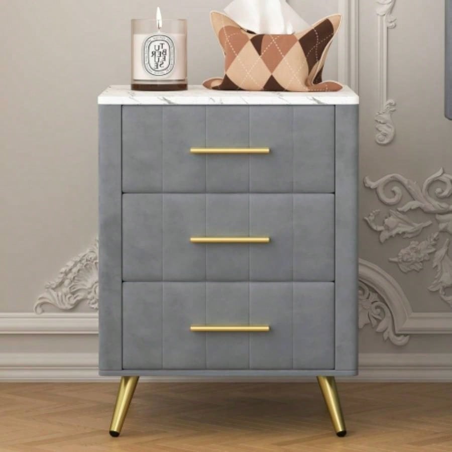 Upholstered Wooden Nightstand with 3 Drawers and Metal Handles, Bedside Table with Marbling Stickers Worktop -
