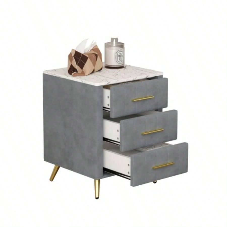 Upholstered Wooden Nightstand with 3 Drawers and Metal Handles, Bedside Table with Marbling Stickers Worktop -