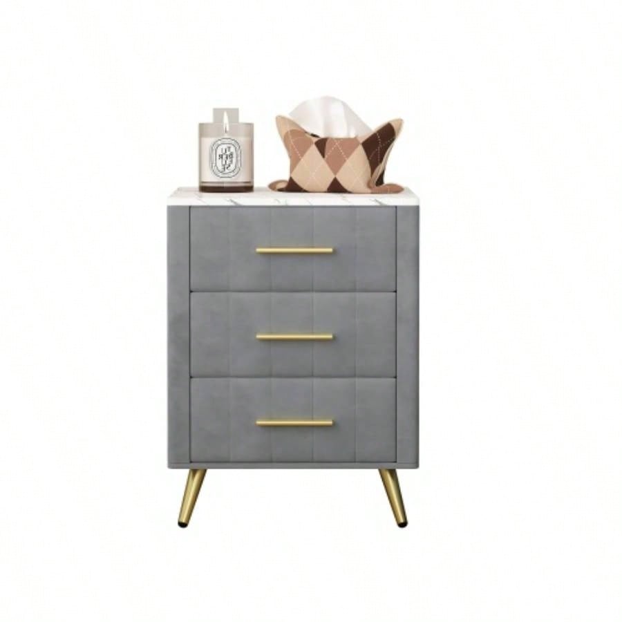Upholstered Wooden Nightstand with 3 Drawers and Metal Handles, Bedside Table with Marbling Stickers Worktop -