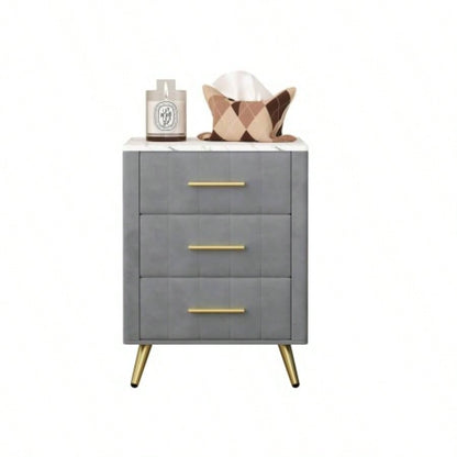 Upholstered Wooden Nightstand with 3 Drawers and Metal Handles, Bedside Table with Marbling Stickers Worktop -