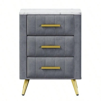 Upholstered Wooden Nightstand with 3 Drawers and Metal Handles, Bedside Table with Marbling Stickers Worktop -