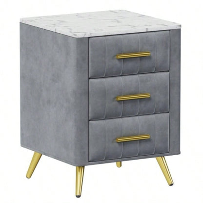 Upholstered Wooden Nightstand with 3 Drawers and Metal Handles, Bedside Table with Marbling Stickers Worktop -