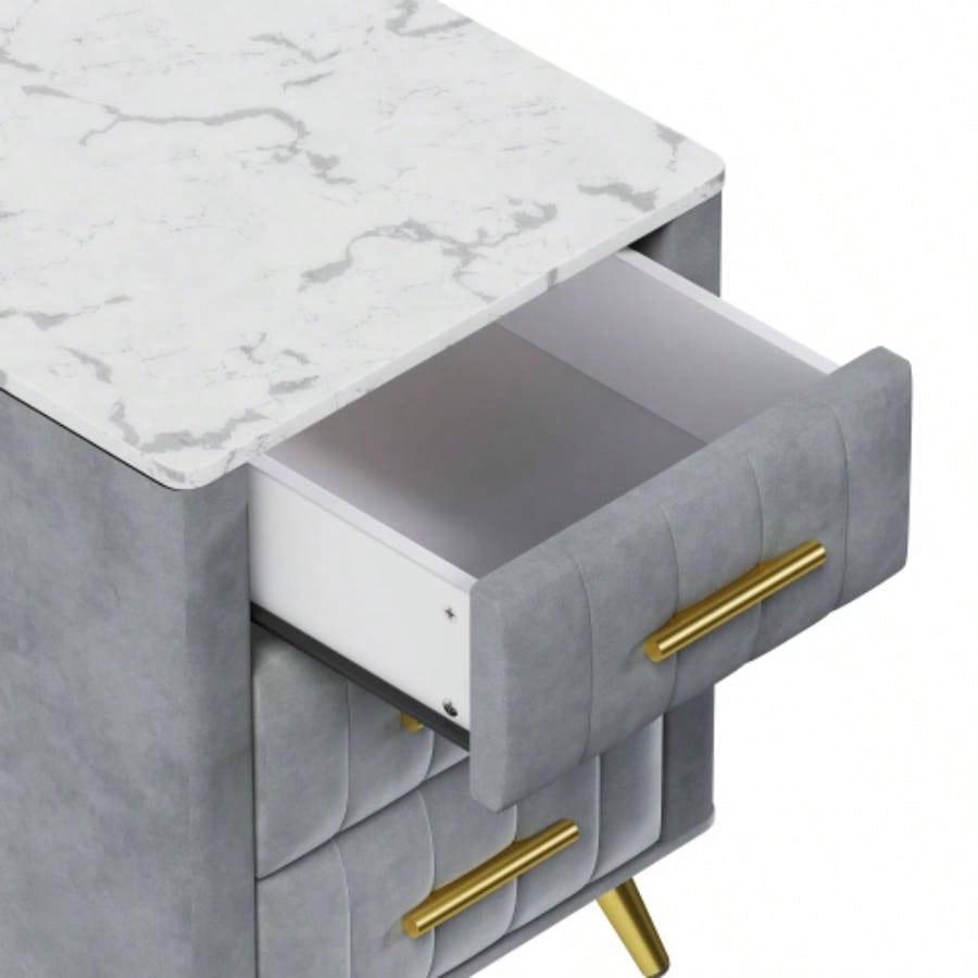 Upholstered Wooden Nightstand with 3 Drawers and Metal Handles, Bedside Table with Marbling Stickers Worktop -