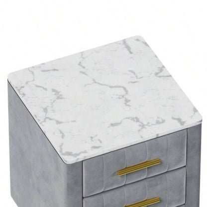 Upholstered Wooden Nightstand with 3 Drawers and Metal Handles, Bedside Table with Marbling Stickers Worktop -