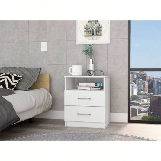 Nightstand 20H, Two Drawers, Open Shelf, Superior Top, White