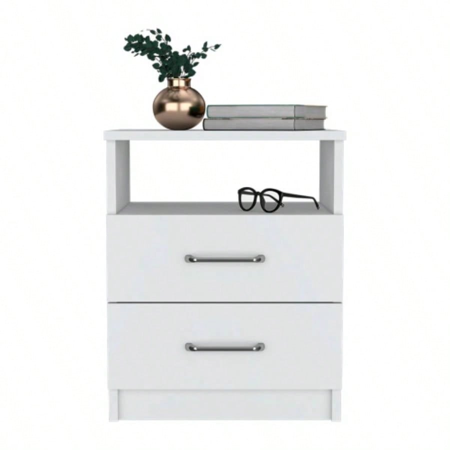 Nightstand 20H, Two Drawers, Open Shelf, Superior Top, White