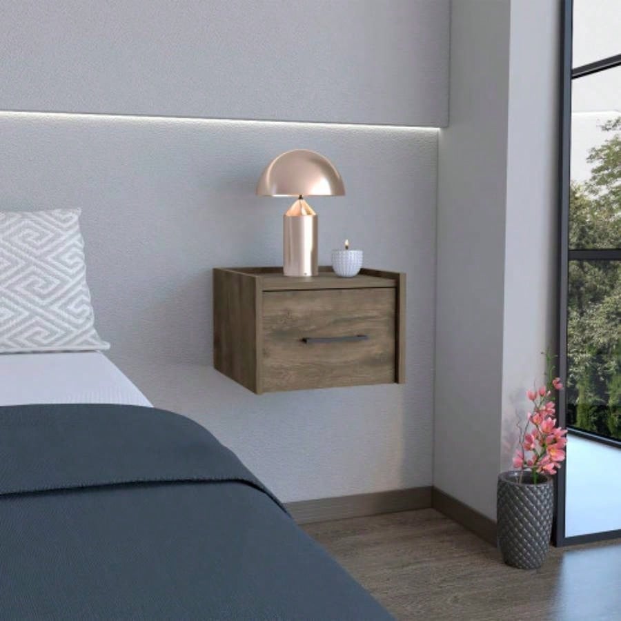 Floating Nightstand, Space - Saving Design with Handy Drawer and Surface, Light Gray