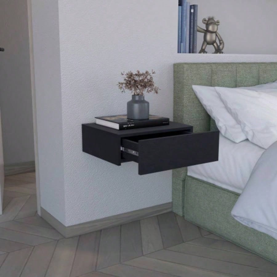 Floating Nightstand 5H, Modern Wall - Mounted Bedside Shelf with Drawer, Black