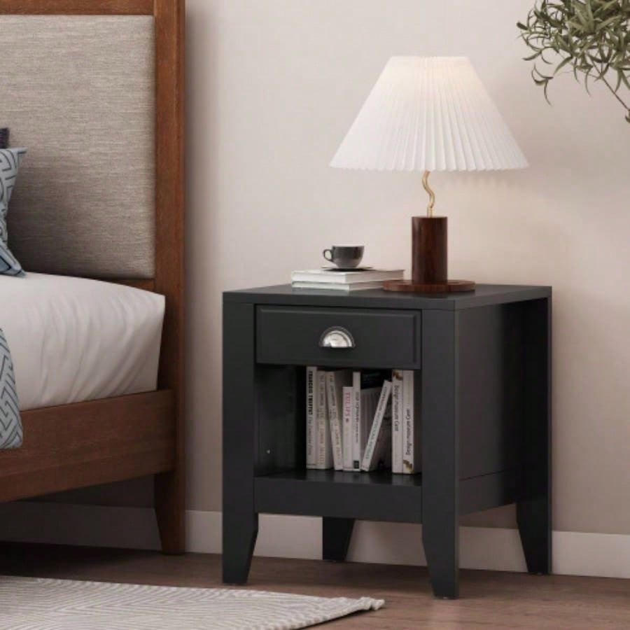 Modern Nightstand with Drawer, Bedside Tables, Mid Nightstands with Open Storage Shelf, Wood Bedside Table, Small Night Stands Bedrooms, 2 - Tier Night Table