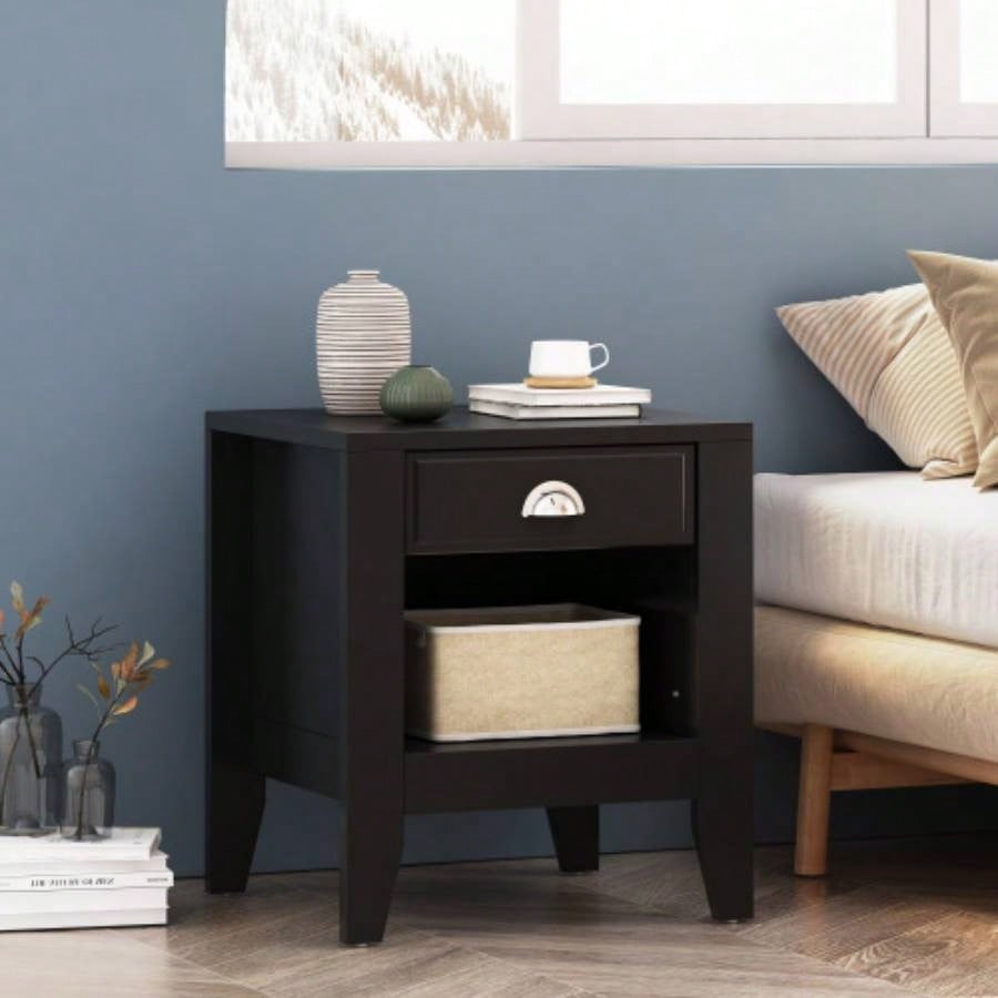 Modern Nightstand with Drawer, Bedside Tables, Mid Nightstands with Open Storage Shelf, Wood Bedside Table, Small Night Stands Bedrooms, 2 - Tier Night Table