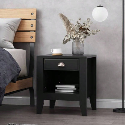 Modern Nightstand with Drawer, Bedside Tables, Mid Nightstands with Open Storage Shelf, Wood Bedside Table, Small Night Stands Bedrooms, 2 - Tier Night Table