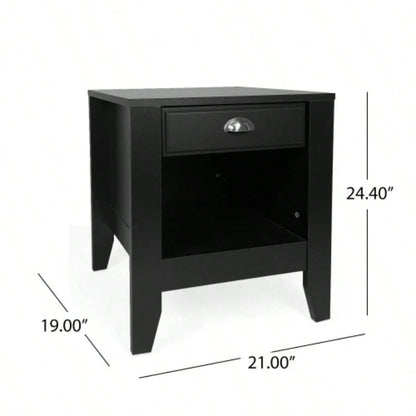 Modern Nightstand with Drawer, Bedside Tables, Mid Nightstands with Open Storage Shelf, Wood Bedside Table, Small Night Stands Bedrooms, 2 - Tier Night Table