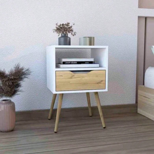 Nightstand 25H, Superior Top, Four, One Open Shelf, One Drawer, White/ Light Oak