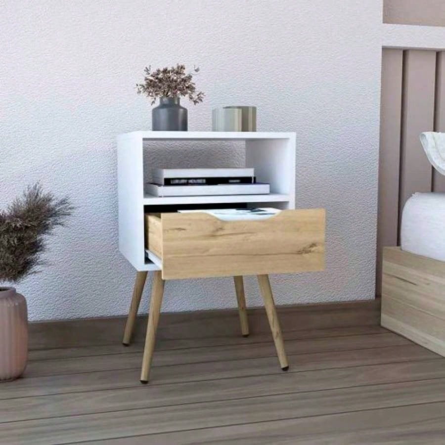 Nightstand 25H, Superior Top, Four, One Open Shelf, One Drawer, White/ Light Oak
