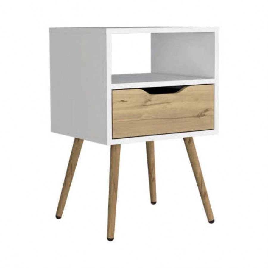 Nightstand 25H, Superior Top, Four, One Open Shelf, One Drawer, White/ Light Oak