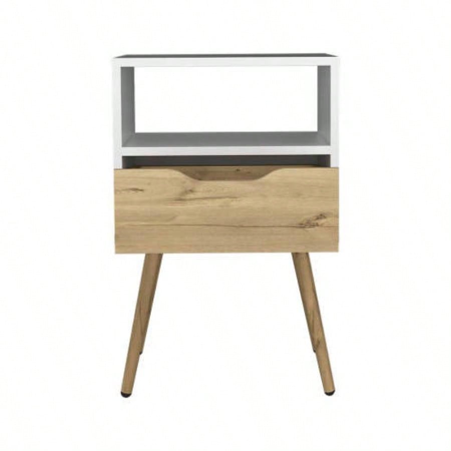 Nightstand 25H, Superior Top, Four, One Open Shelf, One Drawer, White/ Light Oak