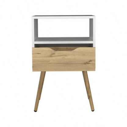 Nightstand 25H, Superior Top, Four, One Open Shelf, One Drawer, White/ Light Oak
