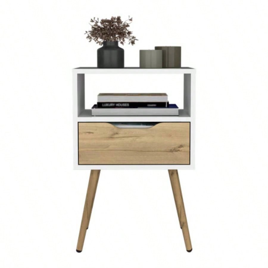Nightstand 25H, Superior Top, Four, One Open Shelf, One Drawer, White/ Light Oak