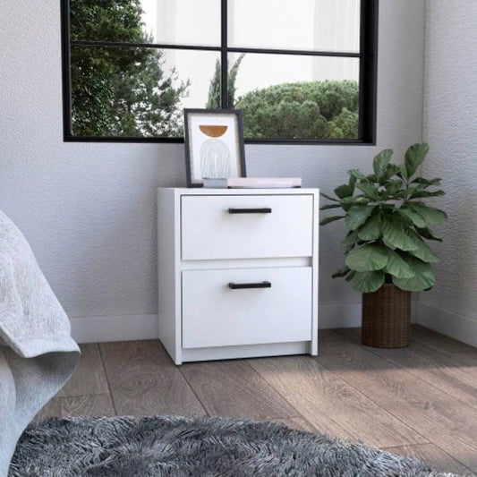 Nightstand 18H, 2 Drawers with Metal Handles, White