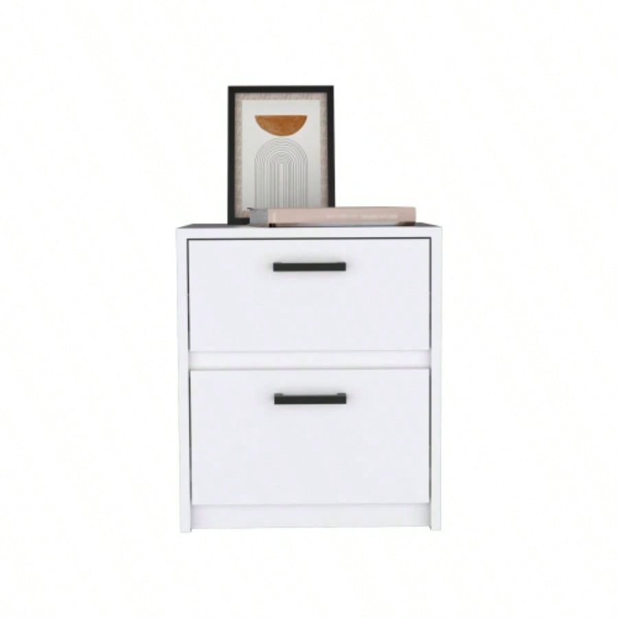 Nightstand 18H, 2 Drawers with Metal Handles, White