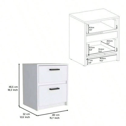 Nightstand 18H, 2 Drawers with Metal Handles, White