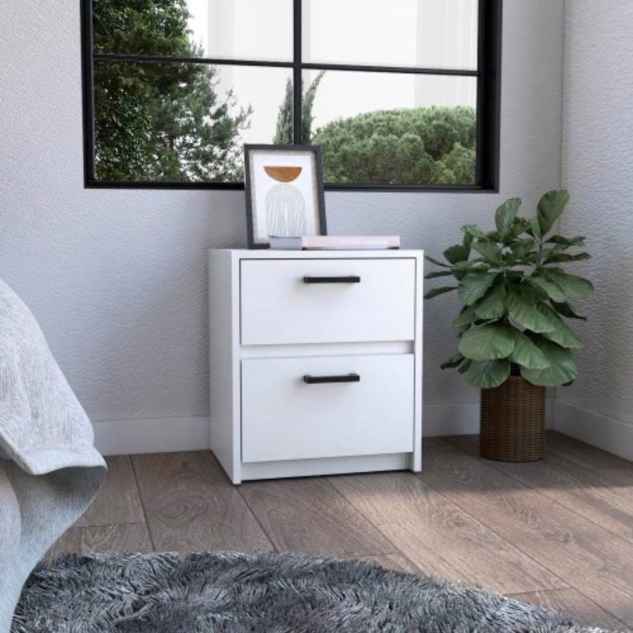 Nightstand 18H, 2 Drawers with Metal Handles, White