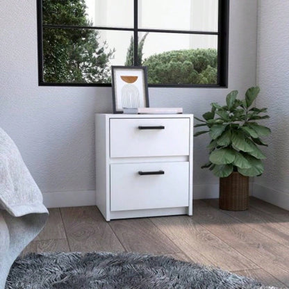 Nightstand 18H, 2 Drawers with Metal Handles, White