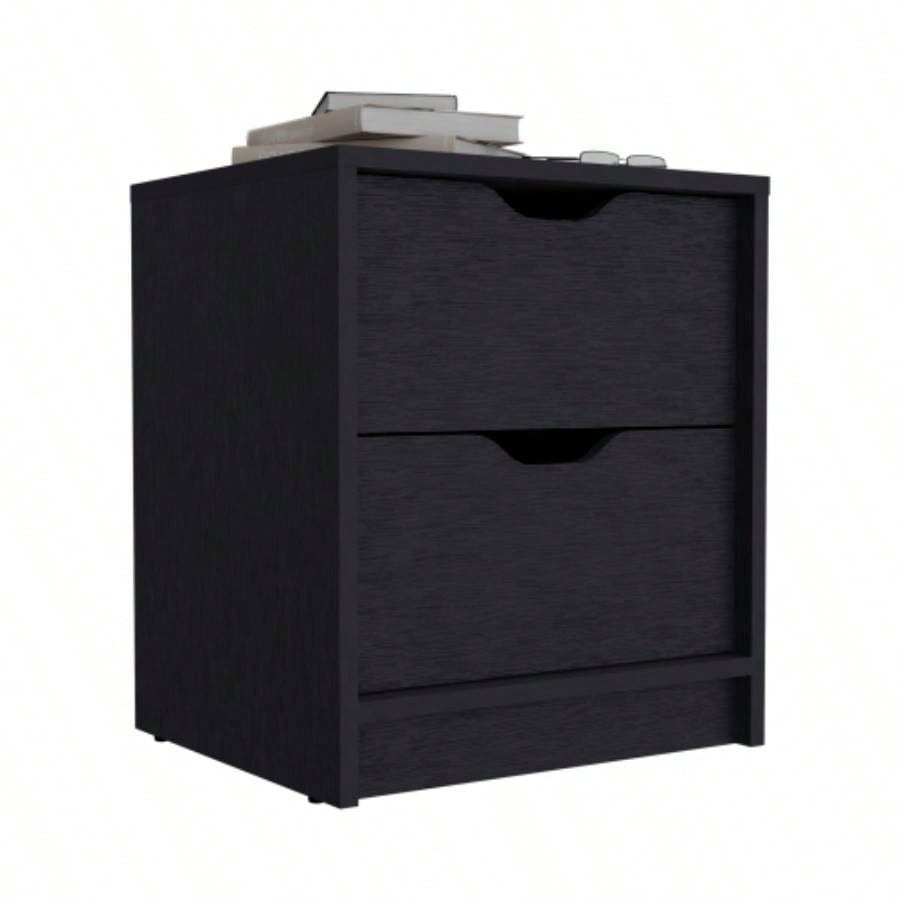 Double Drawer Nightstand 19H, Bedside Table, Black