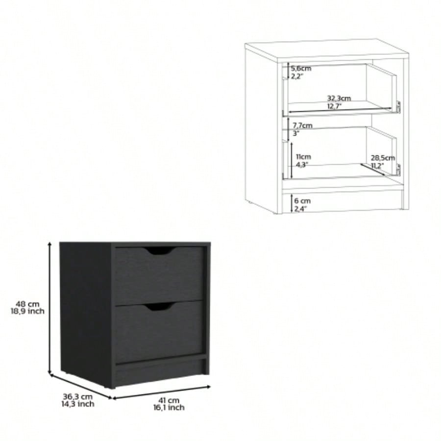 Double Drawer Nightstand 19H, Bedside Table, Black