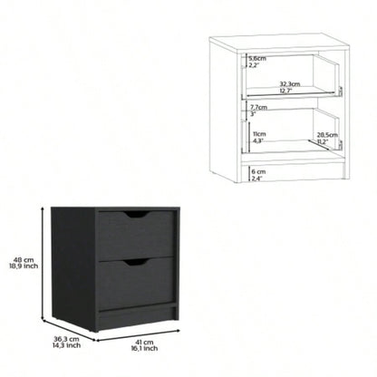 Double Drawer Nightstand 19H, Bedside Table, Black