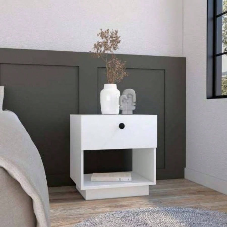 Single Drawer Nightstand 19H with Open Storage Shelf, White