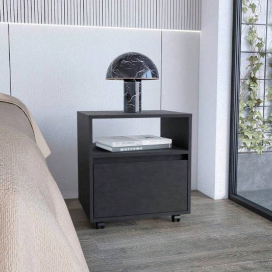 Nightstand 20H, with One Open Shelf, 1 Drawer and Casters, Black
