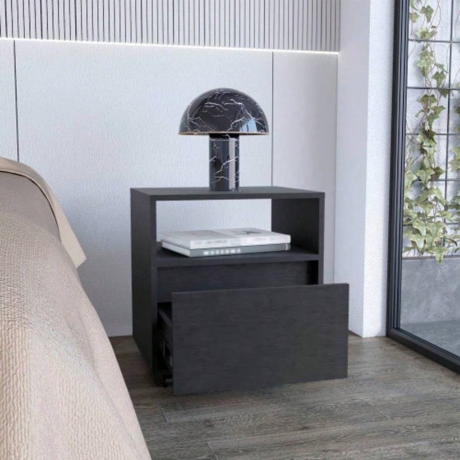 Nightstand 20H, with One Open Shelf, 1 Drawer and Casters, Black