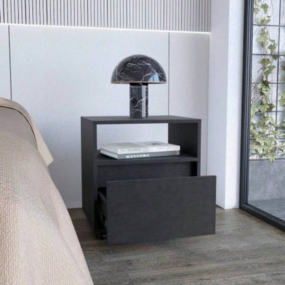 Nightstand 20H, with One Open Shelf, 1 Drawer and Casters, Black