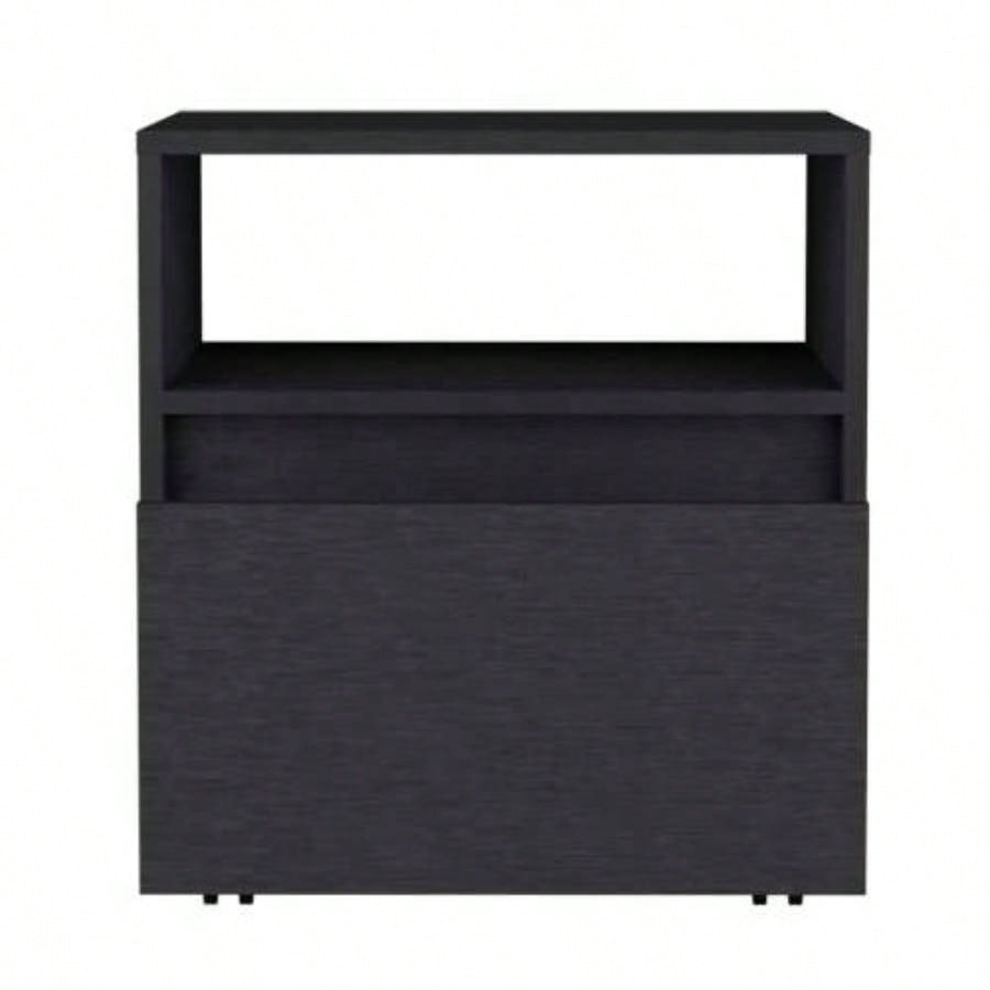 Nightstand 20H, with One Open Shelf, 1 Drawer and Casters, Black