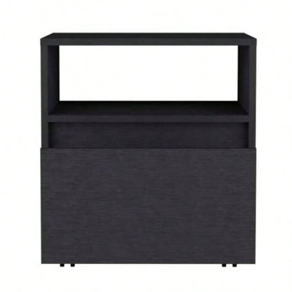 Nightstand 20H, with One Open Shelf, 1 Drawer and Casters, Black