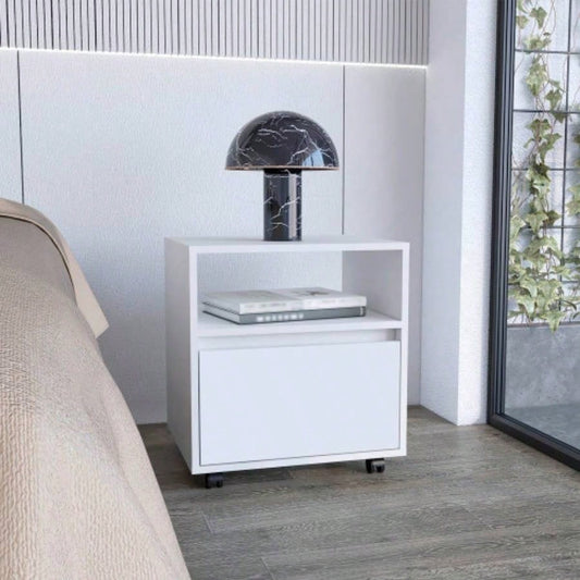 Nightstand 20H, with One Open Shelf, 1 Drawer and Casters, White