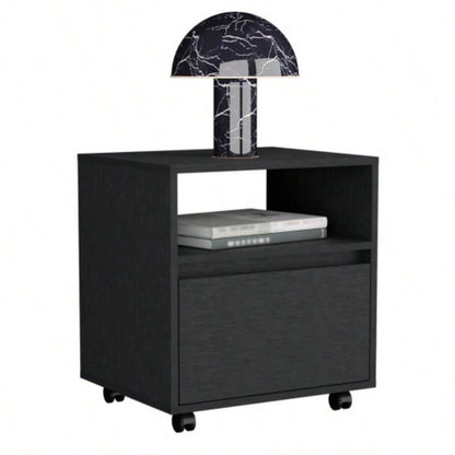 Nightstand 20H, with One Open Shelf, 1 Drawer and Casters, Black