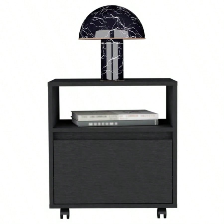 Nightstand 20H, with One Open Shelf, 1 Drawer and Casters, Black