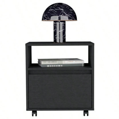 Nightstand 20H, with One Open Shelf, 1 Drawer and Casters, Black