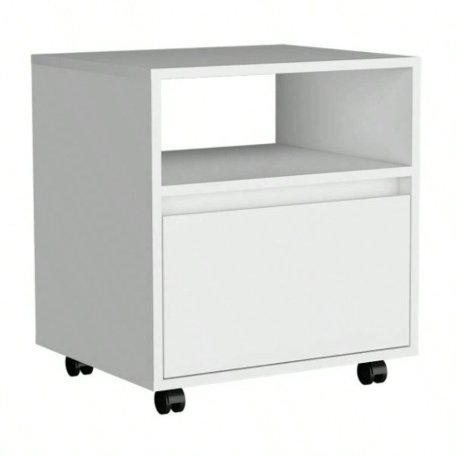 Nightstand 20H, with One Open Shelf, 1 Drawer and Casters, White