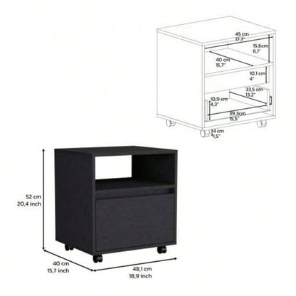 Nightstand 20H, with One Open Shelf, 1 Drawer and Casters, Black