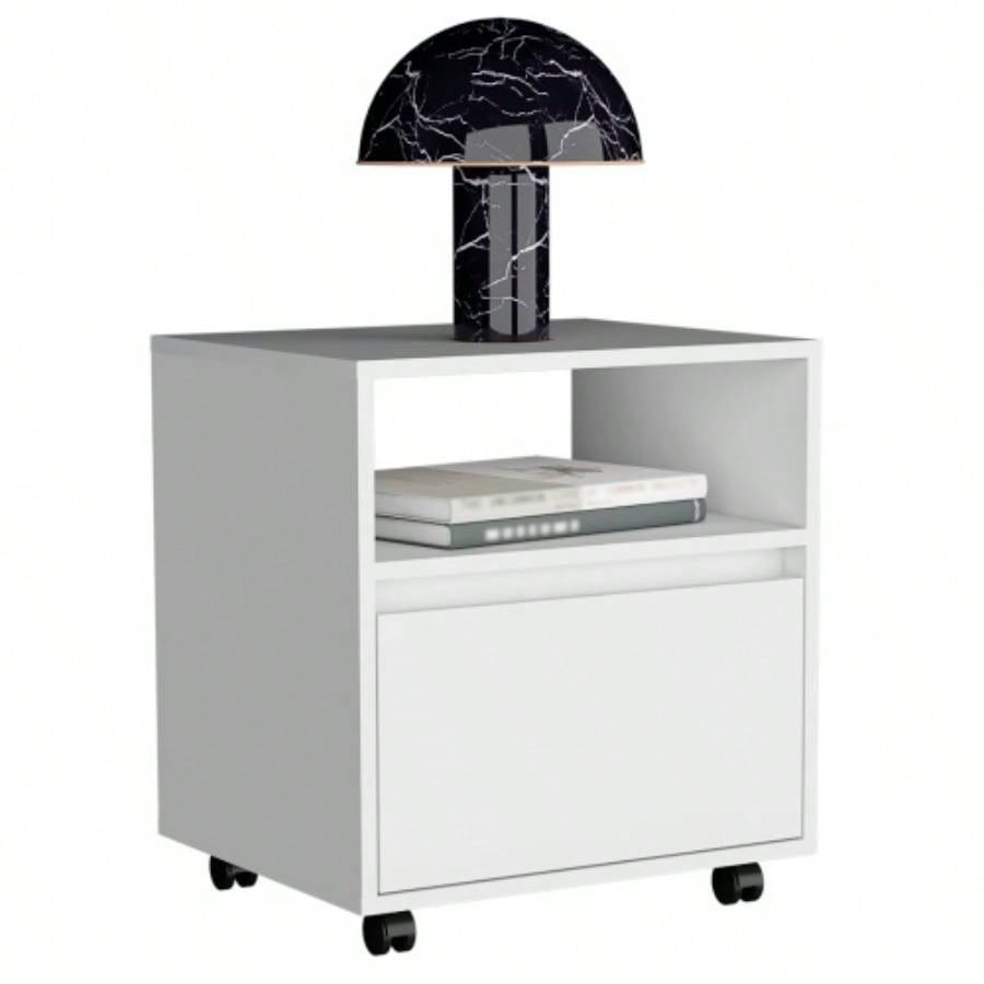 Nightstand 20H, with One Open Shelf, 1 Drawer and Casters, White
