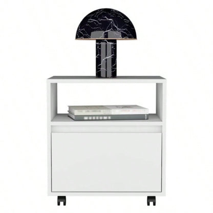Nightstand 20H, with One Open Shelf, 1 Drawer and Casters, White