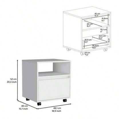 Nightstand 20H, with One Open Shelf, 1 Drawer and Casters, White