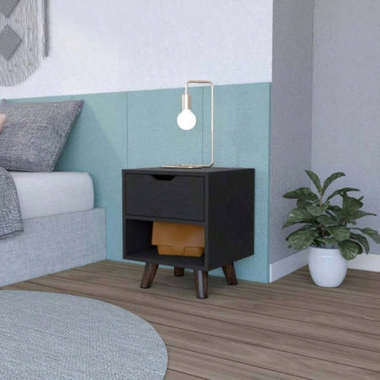 Modern Nightstand 19H with Spacious Drawer, Open Storage Shelf and Chic Wooden, Black